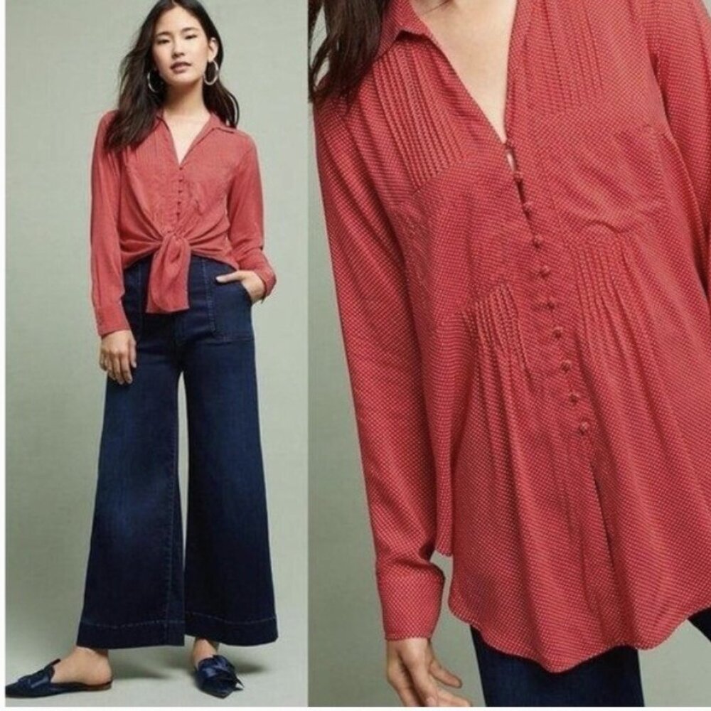 Maeve by Anthropologie Red Polka Dot Button-Front Blouse - Size L